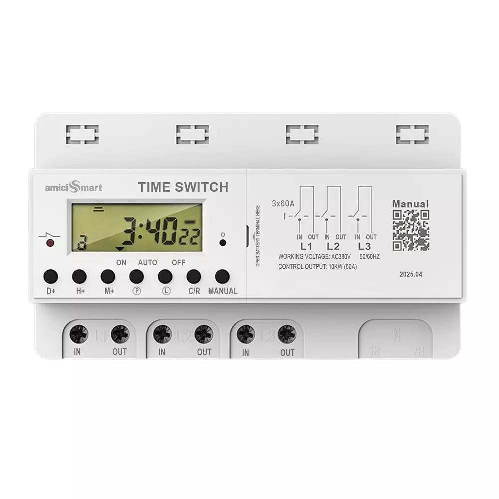 amiciSmart Digital Timer Switch with 32 ON/Off Settings 380 V 60 A 3 Phase Weekly Programmable LCD, 1xTIMER-3P-N