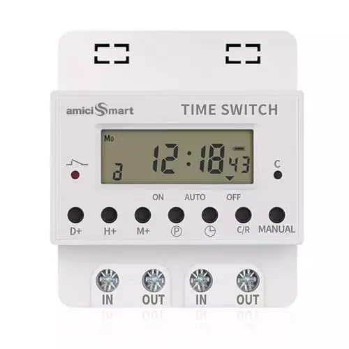 amiciSmart 220 V 60 A Digital Programmable Timer Switch 28 ON/OFF Settings LCD Week/Day Scheduling, 1xTIMER-60A-N