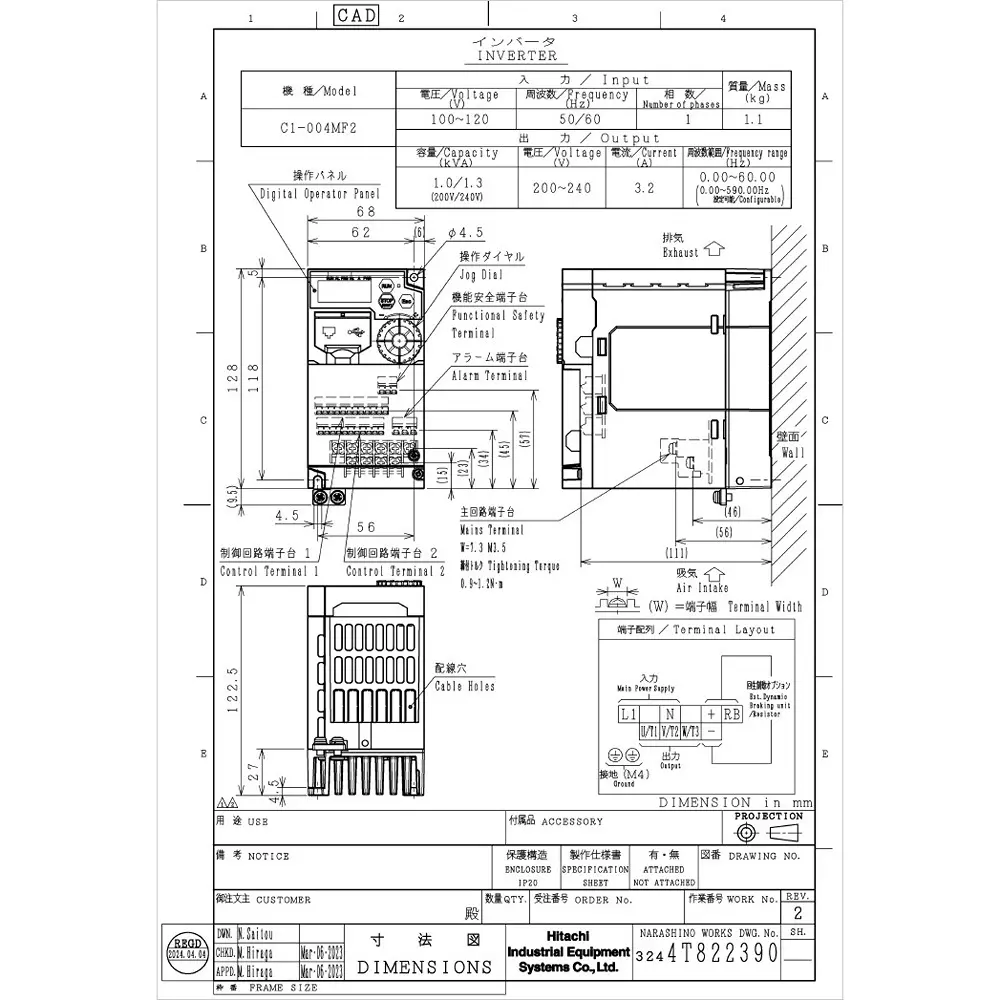 Hitachi Inverter Single phase 100 to 120 (-15%/+10%), 50/60 Hz ±5% Rated Input Voltage (V) Basic: 3.0, Extend, C1-004MF2