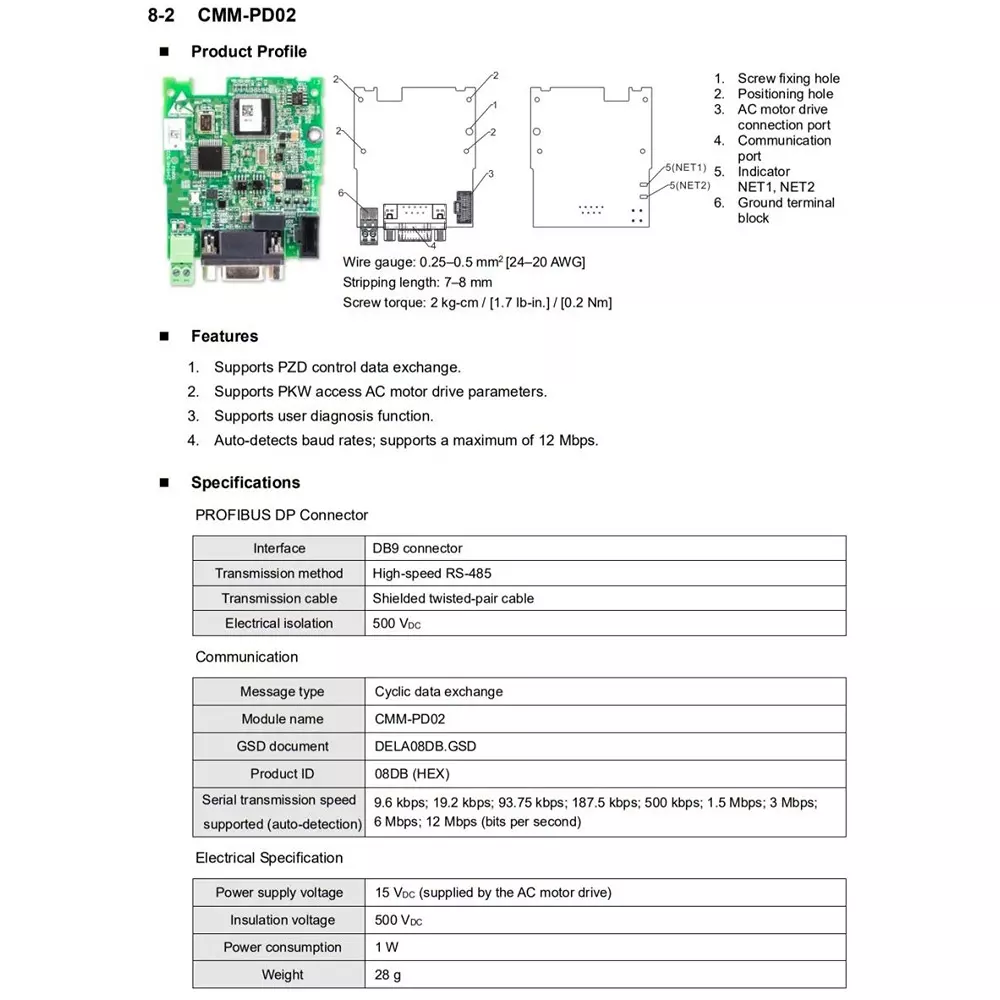 delta-profibus-dp-card-green-color-1-w-power-consumption-and-15-v-dc-supply-voltage-for-m300-series-cmm-pd02