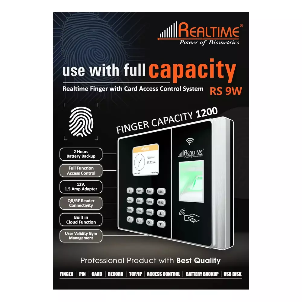 Realtime Fingerprint Attendance with Card Access Control System DC12 V 100000 Record Capacity, RS 9W