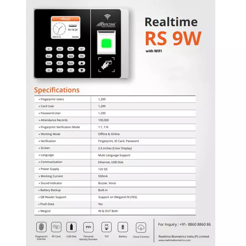 Realtime Fingerprint Attendance with Card Access Control System DC12 V 100000 Record Capacity, RS 9W