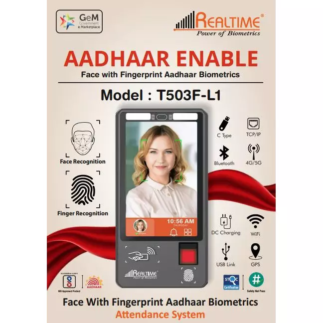 Realtime Aadhar Enable Face Recognition with Finger & Card 1/15 Sec Fingerprint Scanning Speed, T503F-L1