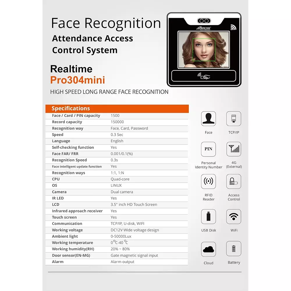 Realtime Face Recognition Attendance & Access Control System 15000 Record Capacity, Pro 304Mini