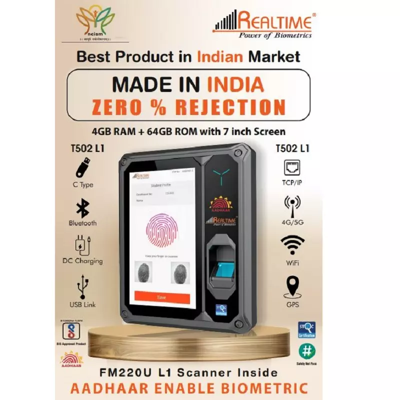 Realtime Aadhar Enable Biometric Attendance System 1/15 Sec Fingerprint Scanning Speed, T502-L1