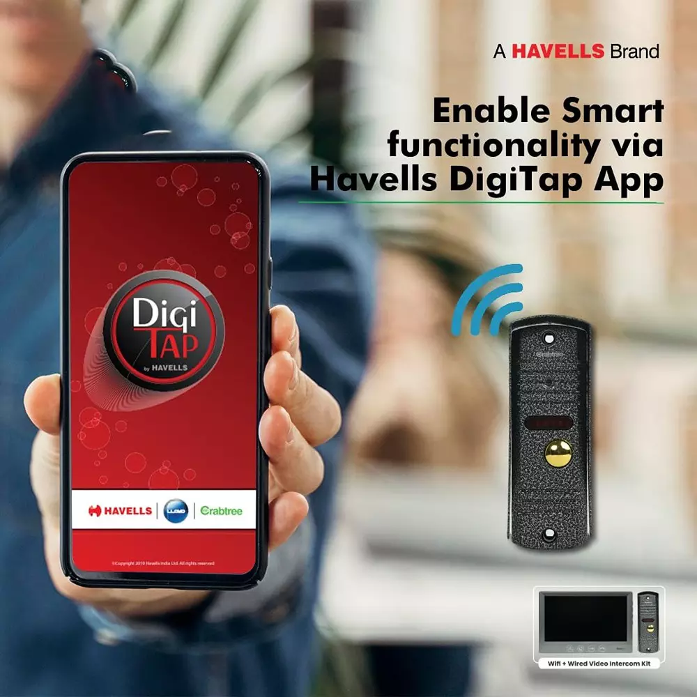 Havells Wi-Fi + Wired Video Intercom Kit Battery Powered with IP65 Rating and 160° View Angle, ACSVK006