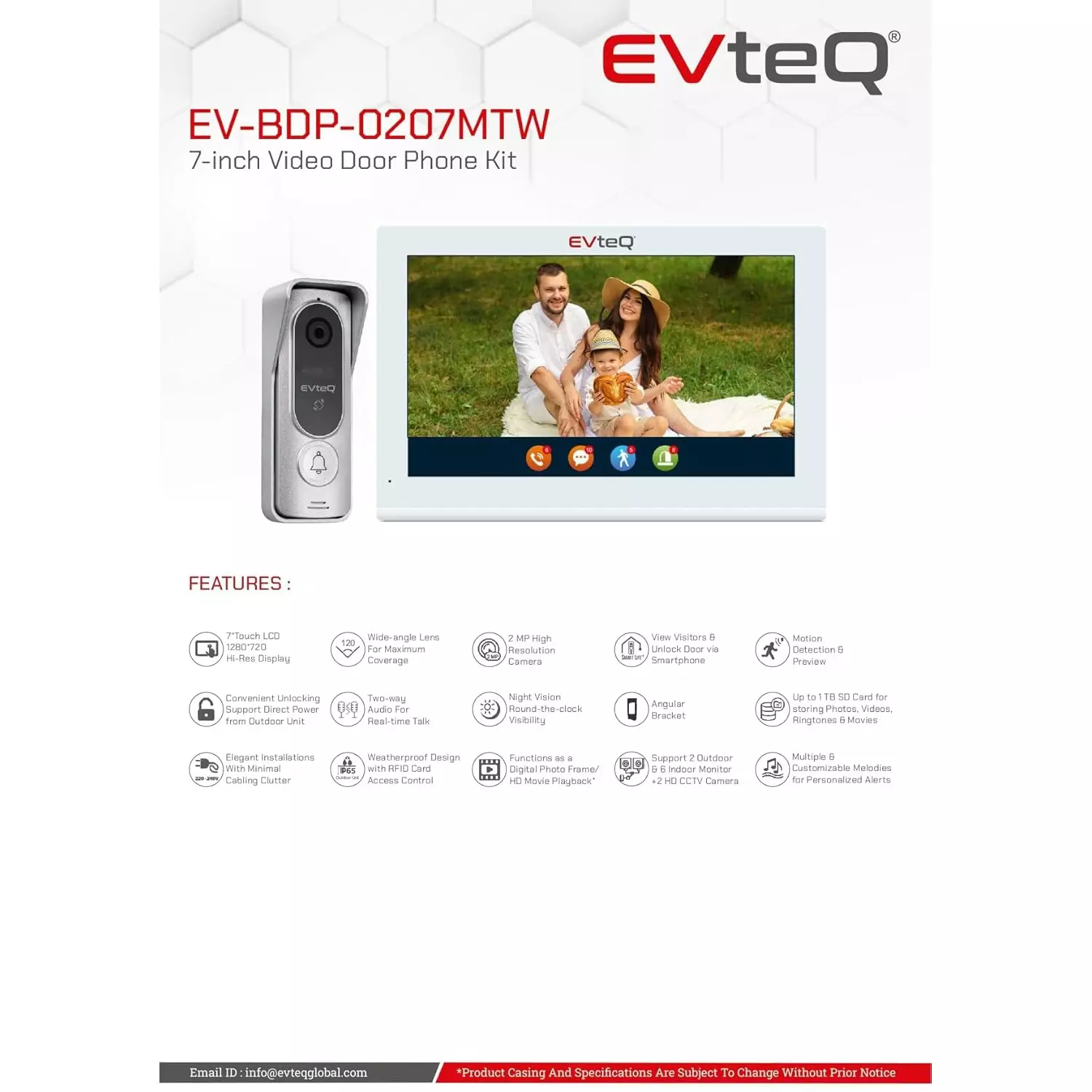 EVTeq Video Door Phone 178 mm (7 inch) Screen Size 2 MP Camera LCD Digital Display 1TB SD Card Support, EV-BDP-0207MTW