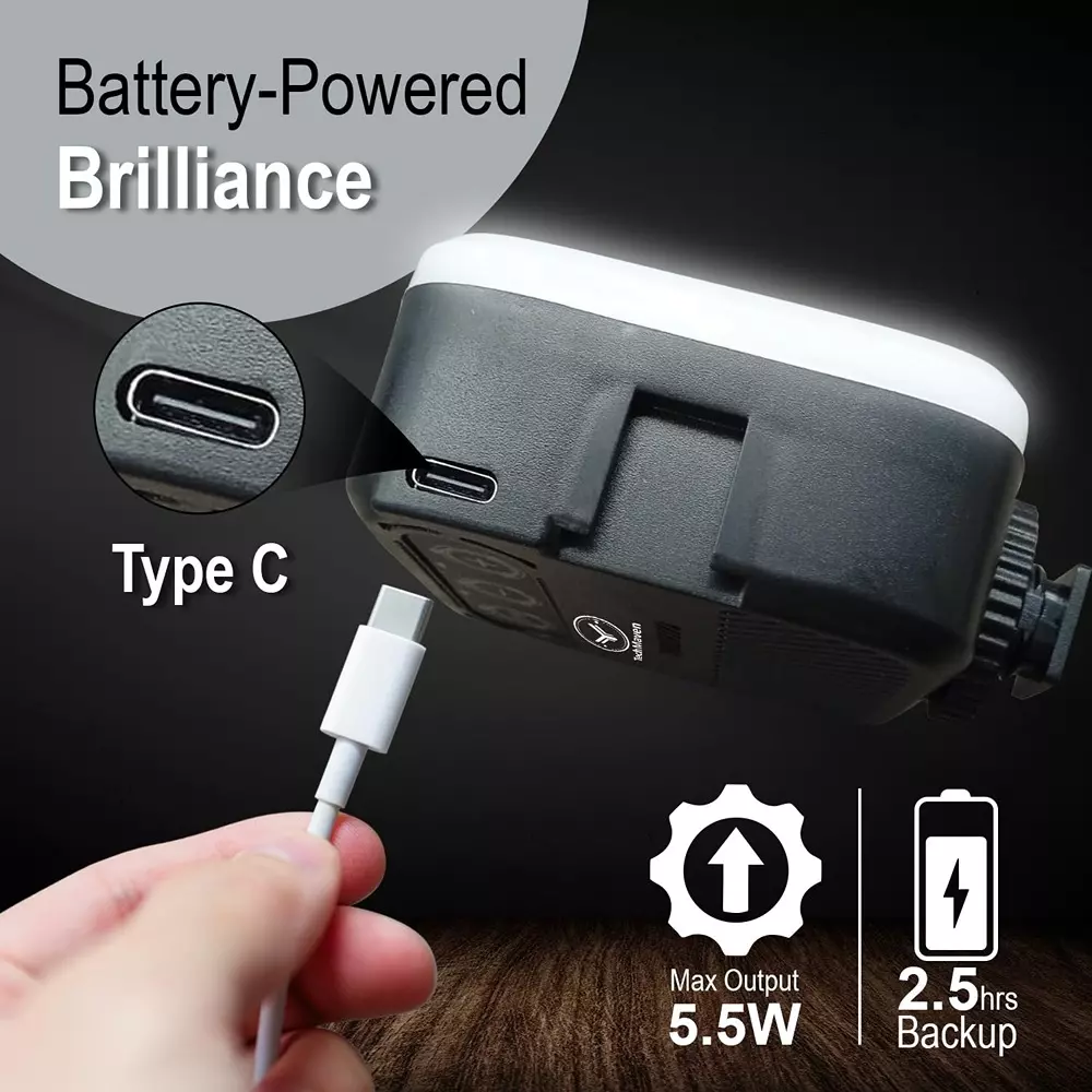 Techmaven LED Video Light Black & White Type C USB Port 2 Hours Battery Life 1500 mAH Battery Capacity, TS-SLR-M88