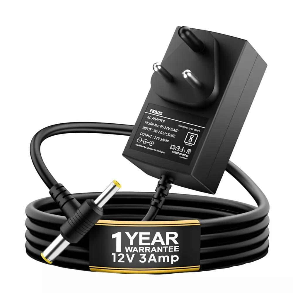 FEDUS AC Adapter PVC 12 V 3 A DC Power Supply 90-240 V Input Voltage with 2 m Cord Length, FE-12V3AMP