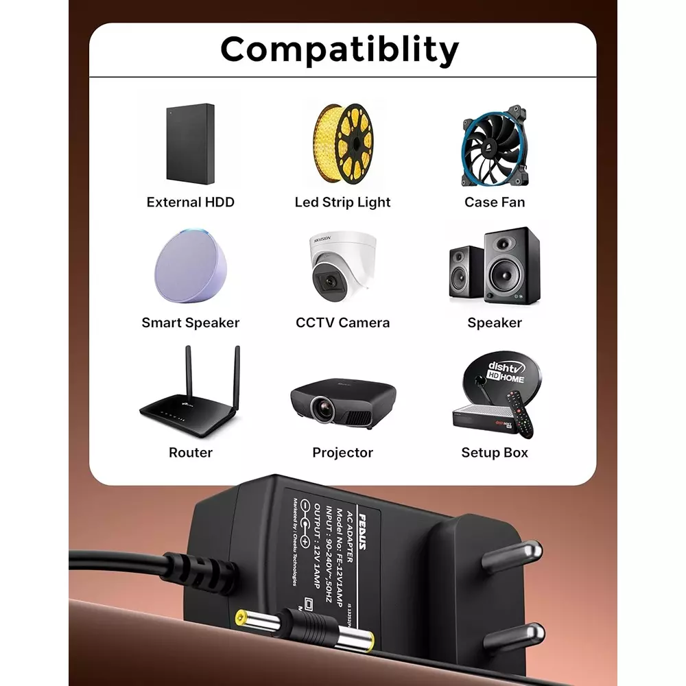 FEDUS AC Adapter PVC 12 V 3 A DC Power Supply 90-240 V Input Voltage with 2 m Cord Length, FE-12V3AMP