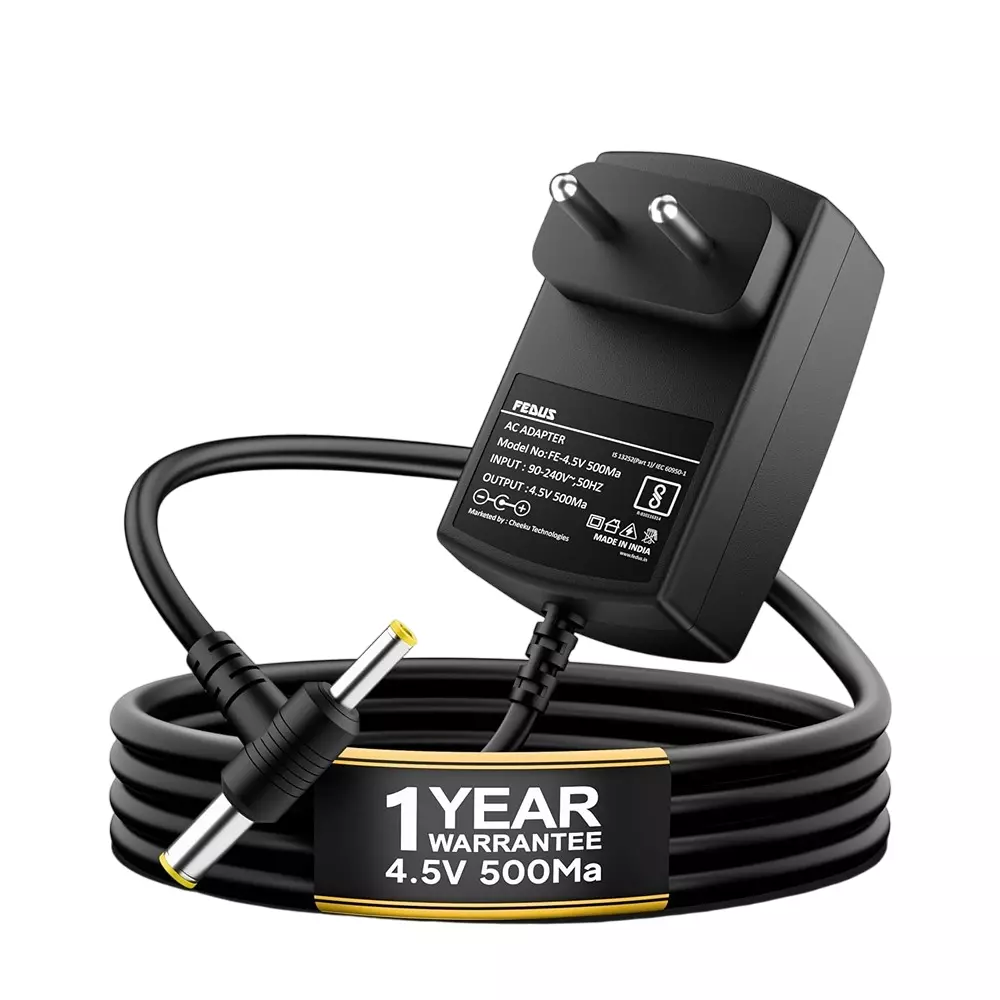 FEDUS AC Adapter PVC 4.5 V 500 mA DC Power Supply 90-240 V Input Voltage with 1.3 m Cord Length, FE-4.5V 500Ma