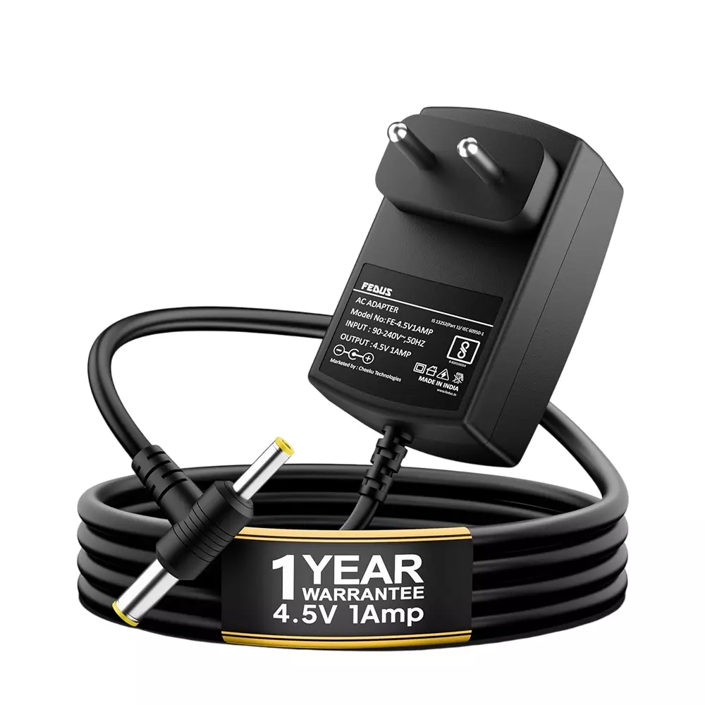 FEDUS AC Adapter PVC 4.5 V 1 A DC Power Supply 90-240 V Input Voltage with 1.3 m Cord Length, FE-4.5V1AMP