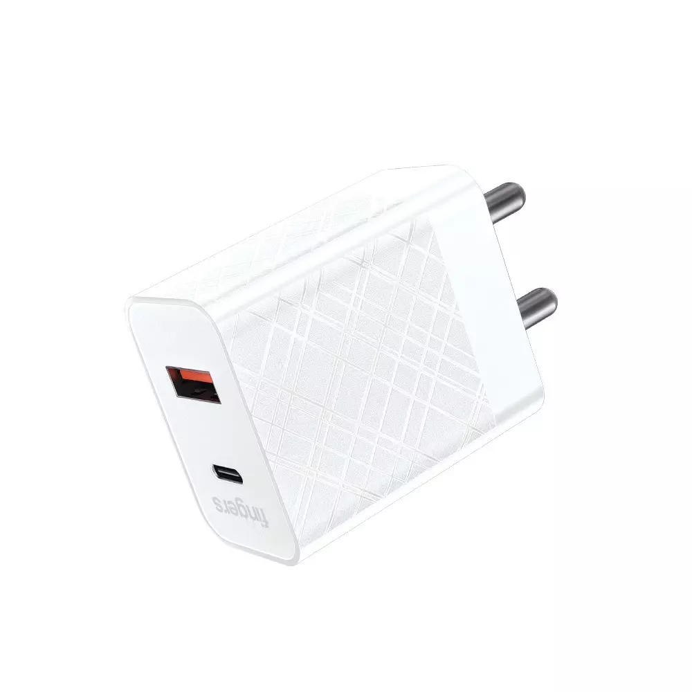 FINGERS Power Adapter 27 W Power 1 x USB-C & 1 x USB 2.0 Output Type BIS Certified Classic White Color, PA-Fast-C20