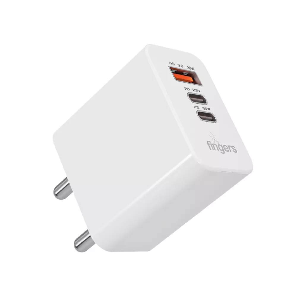 FINGERS Power Adapter 65 W Power 2 x USB Type-C & 1 x USB 2.0 Output Type BIS Certified Classic White Color, PA-765