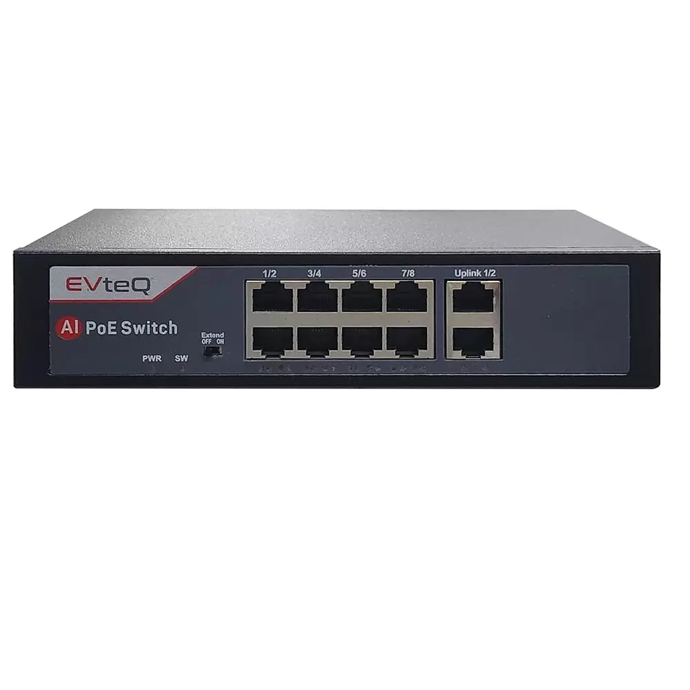 EVTeq PoE Switch with High Data Transfer Black 10 Port Plastic 30 W for CCTV Systems Use, EV-08F-2G