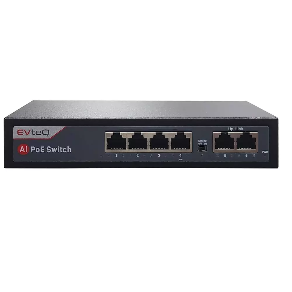 EVTeq POE Switch Black 6 Port Plastic for CCTV Systems Use, EV-04F-2U