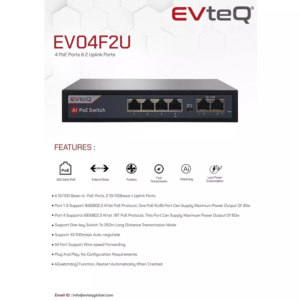 EVTeq POE Switch Black 6 Port Plastic for CCTV Systems Use, EV-04F-2U