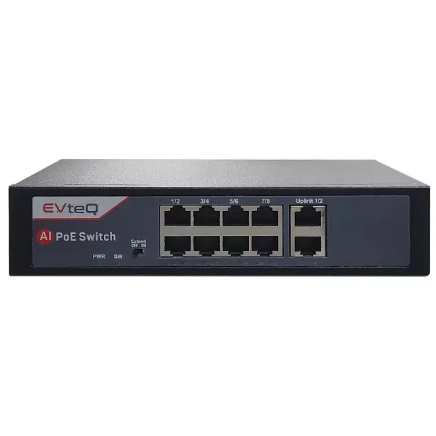 EVTeq POE Switch Black 10 Port Plastic 30 W for CCTV Systems Use, EV-08F-2U