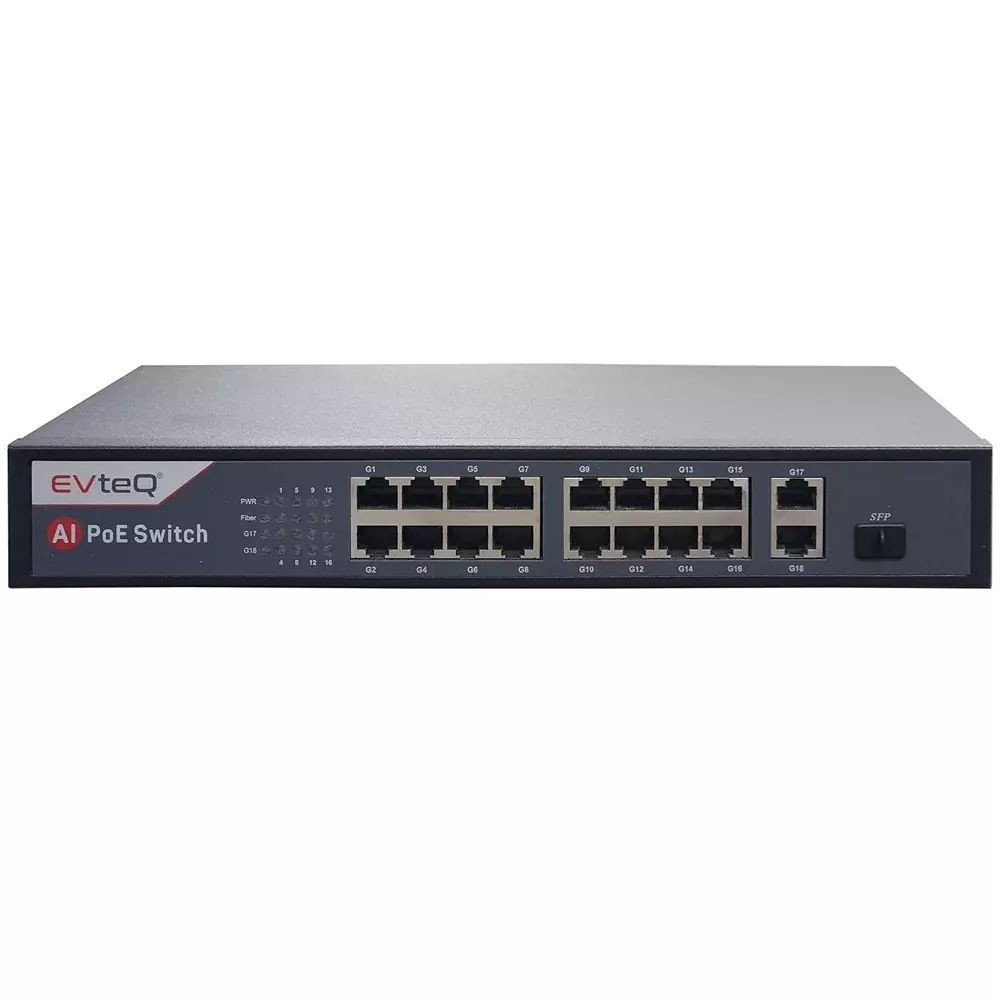 EVTeq POE Switch Black 18 Port Plastic 30 W for CCTV Systems Use, EV-16G-2UG-1S