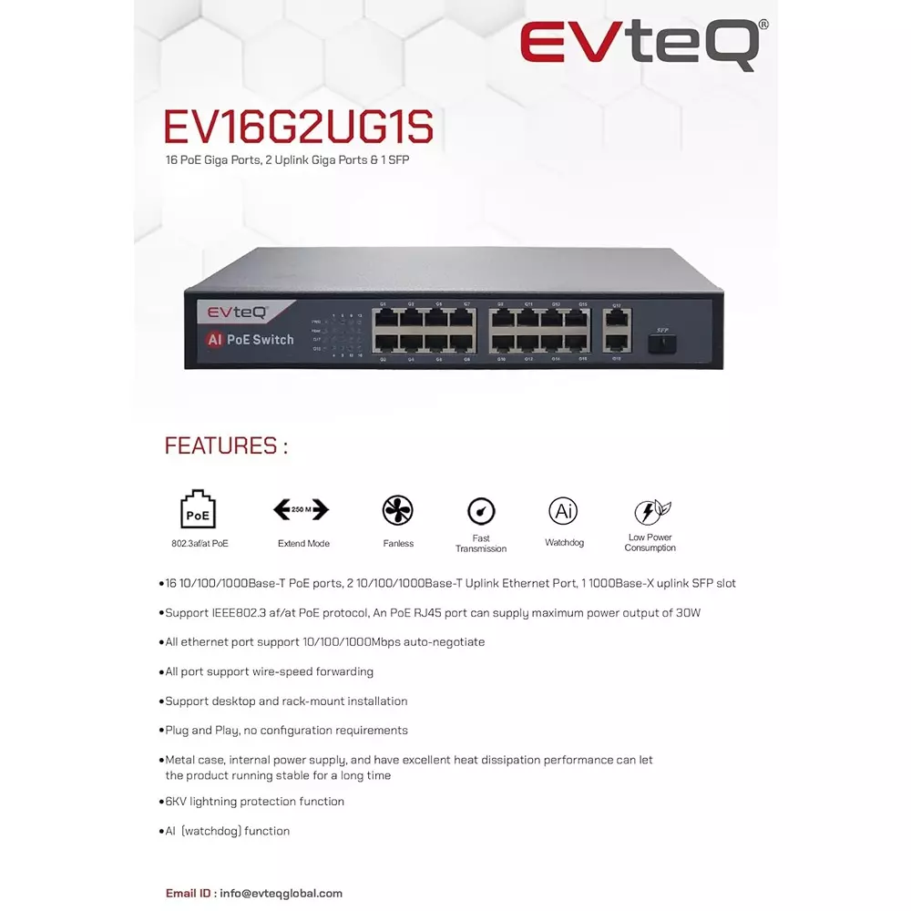 EVTeq POE Switch Black 18 Port Plastic 30 W for CCTV Systems Use, EV-16G-2UG-1S