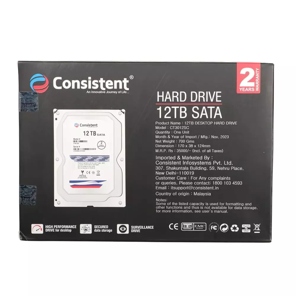 Consistent Internal Hard Drive 12 TB SATA Connectivity 89 mm (3.5 inch) Form Factor Sliver
