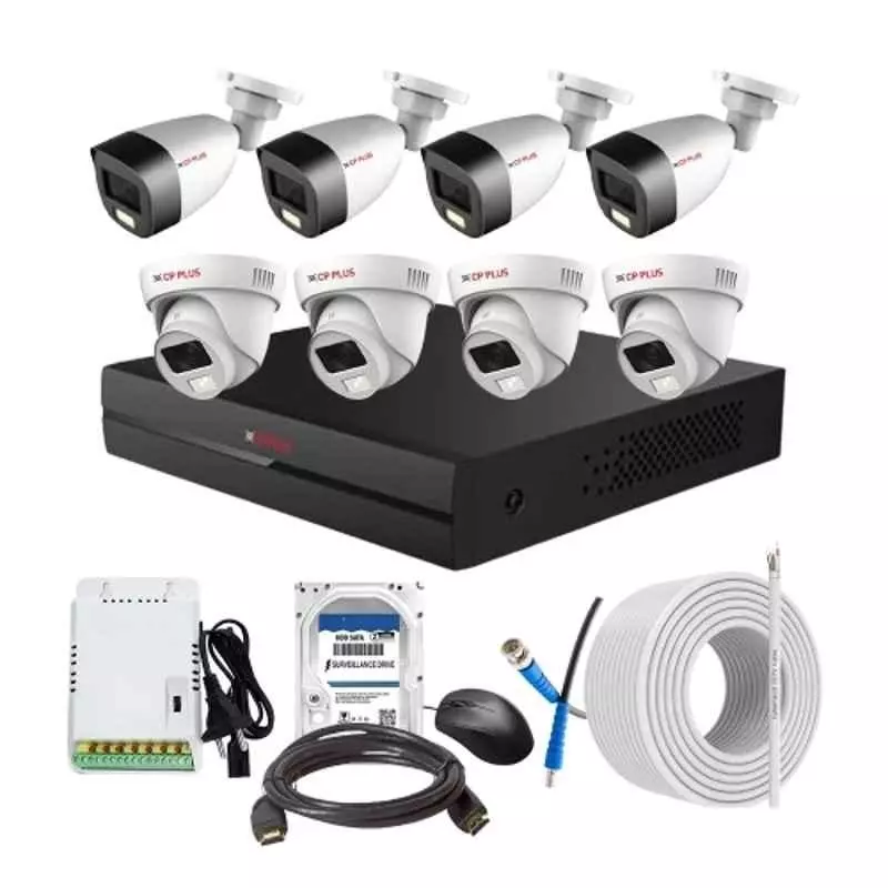 CP PLUS CCTV Combo Kit 2.4 MP Full Colour HD Audio Indoor & Outdoor with 8 Channel DVR, 4 Dome 4 Bullet Camera, 8 Channel SMPS, 70 m Cable, 500 GB HDD & Connectors