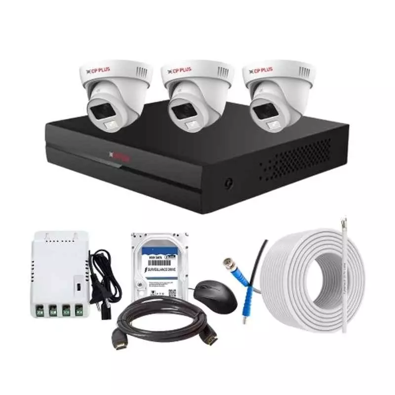 CP PLUS CCTV Combo Kit 2.4 MP Full Colour HD Audio Indoor & Outdoor with 4 Channel DVR, 3 Dome Camera, 4 Channel SMPS, 70 m Copper Cable, 500 GB HDD & Connectors
