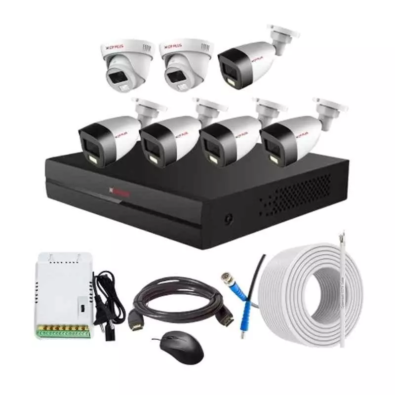 CP PLUS CCTV Combo Kit 2.4 MP Full Colour HD Audio Indoor & Outdoor with 8 Channel DVR, 5 Bullet 2 Dome Camera, 8 Channel SMPS, 70 m Copper Cable & Connectors