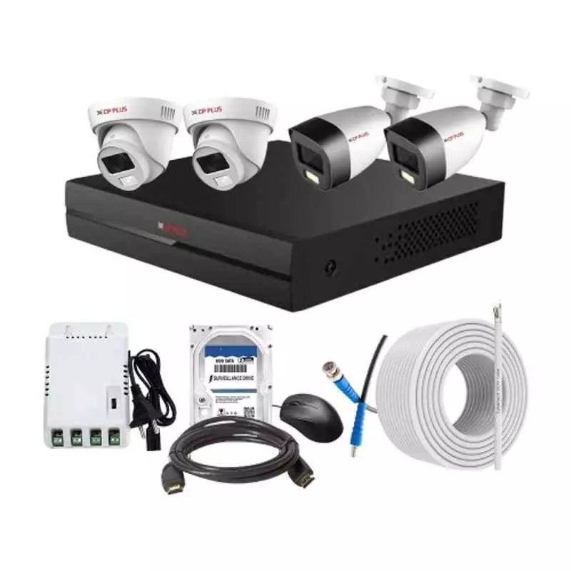 CP PLUS CCTV Combo Kit 2.4 MP Full Colour HD Audio Indoor & Outdoor with 4 Channel DVR, 2 Dome 2 Bullet Camera, 4 Channel SMPS, 70 m Cable, 2 TB HDD & Connectors