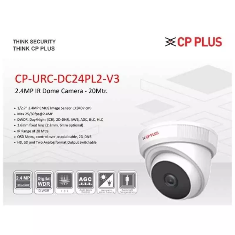 CP PLUS CCTV Combo Kit 2.4 MP Indoor & Outdoor with 8 Channel DVR, 8 Dome Camera, 8 Channel SMPS, 70 m Copper Cable, 1TB HDD & Connectors