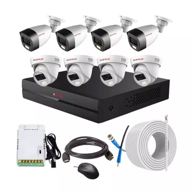 CP PLUS CCTV Combo Kit 2.4 MP Full Colour HD Audio Indoor & Outdoor with 8 Channel DVR, 4 Dome 4 Bullet Camera, 8 Channel SMPS, 70 m Copper Cable & Connectors