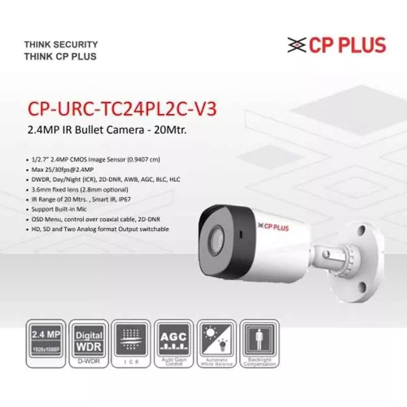 CP PLUS CCTV Combo Kit 2.4 MP Full HD Audio Indoor & Outdoor with 8 Channel DVR 1 Bullet, 6 Dome Camera, 8 Channel SMPS, 70 m Cable 2 TB HDD & Connectors