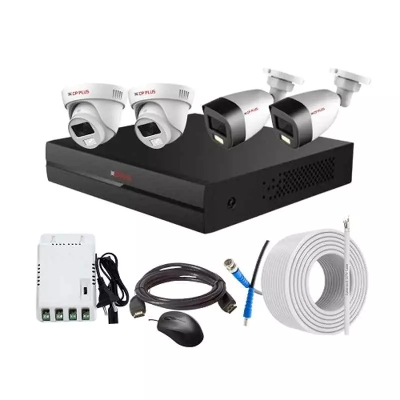 CP PLUS CCTV Combo Kit 2.4 MP Full Colour HD Audio Indoor & Outdoor with 4 Channel DVR, 2 Dome 2 Bullet Camera, 4 Channel SMPS, 70 m Copper Cable & Connectors