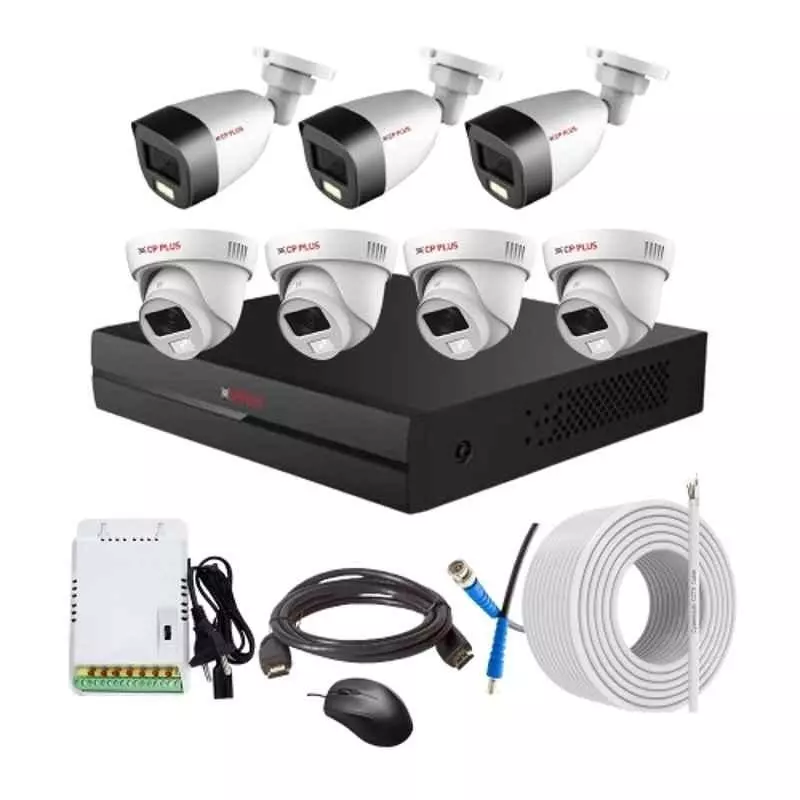 CP PLUS CCTV Combo Kit 2.4 MP Full Colour HD Audio Indoor & Outdoor with 8 Channel DVR, 4 Dome 3 Bullet Camera, 8 Channel SMPS, 70 m Copper Cable & Connectors