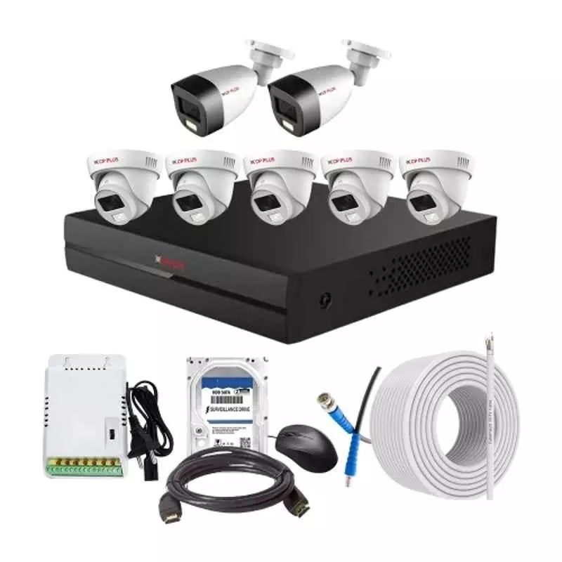CP PLUS CCTV Combo Kit 2.4 MP Full Colour HD Audio Indoor & Outdoor with 8 Channel DVR, 5 Dome 2 Bullet Camera, 8 Channel SMPS, 70 m Cable, 2 TB HDD & Connectors