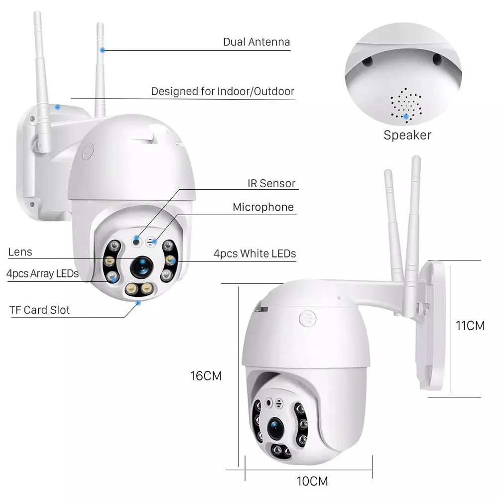 Mayumi PTZ Wireless IP CCTV Security Camera Corded Electric 2 MP Android White 1080P for Outdoor Use