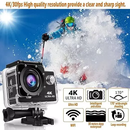 Nutronics 16 MP Action Ultra HD Camera 98 ft (30 m) Under Water Resistant, 4K 30 fps, Wifi Connectivity, 170° Wide Angle Lens and Accessories Kit