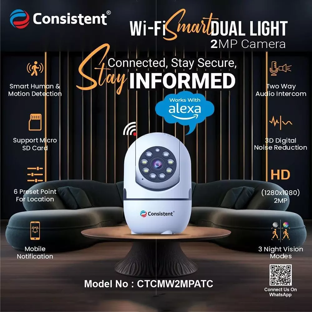 Consistent Wi-Fi Smart Dual Light Camera 2 MP with 2-Way Audio Intercom & 3 Night Vision Modes, CTCMW2MPATC