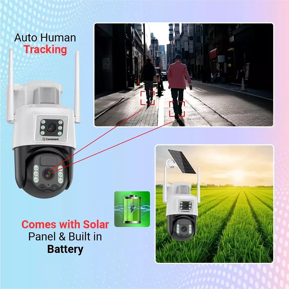 Consistent 4G SIM Based CCTV Outdoor Security Camera 3 MP+3 MP with 7 W Solar Panel & Built-In Battery, CT-CM-6MLPT