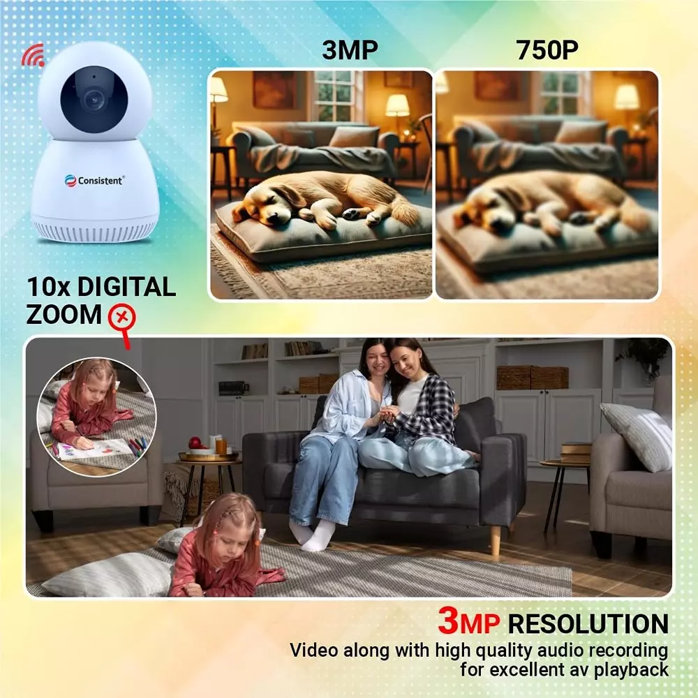 Consistent Mini Wifi Camera 3 MP 2-Way Talk 360° View Angle Supports SD Card Up to 256 GB, CTCMW3MPHRP