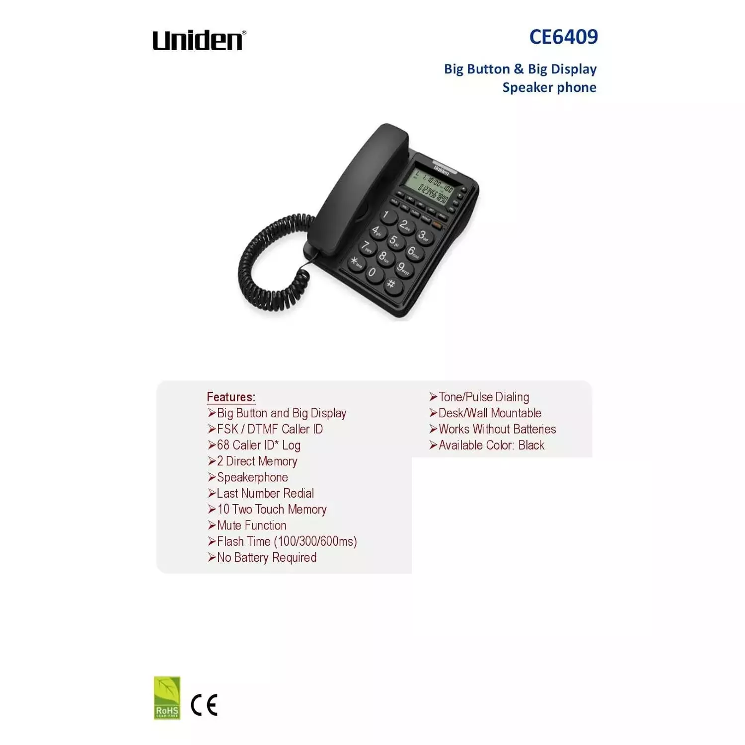 Uniden Corded Phone Black Table Top Mount, CE6409