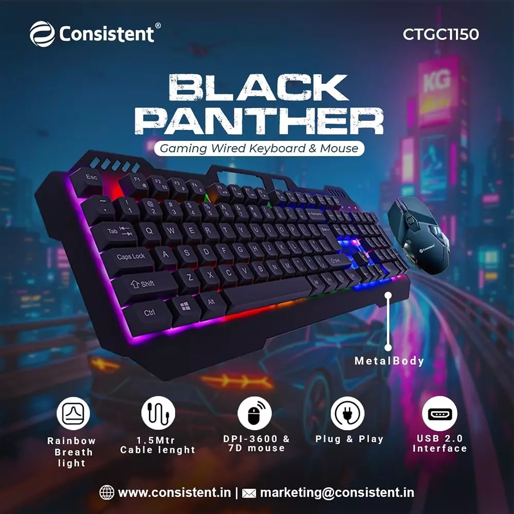 Consistent Black Panther Gaming Keyboard & Mouse Combo 1.5 m Cable 3600 DPI 7 D Optical Mouse Black