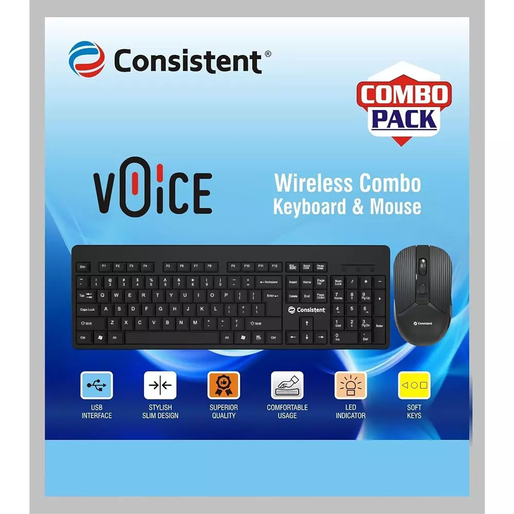Consistent Voice Wireless Keyboard and Mouse with 2.4 GHz USB Receiver & Noiseless Experience, CMW401