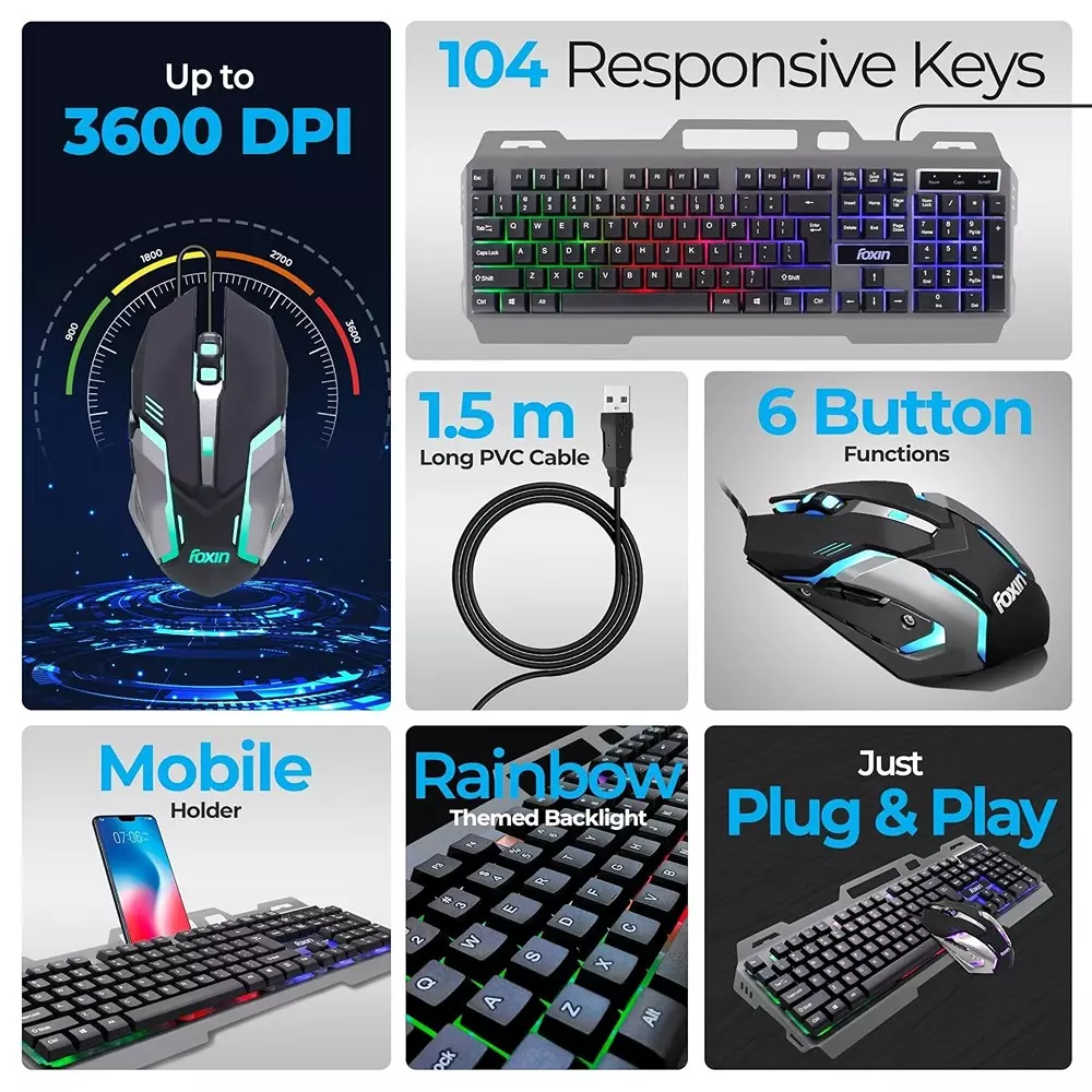 Foxin Thunder Gaming Keyboard and Mouse Combo Rainbow Backlit Membrane Keyboard 104 Keys With Phone Holder (Pack of 5)