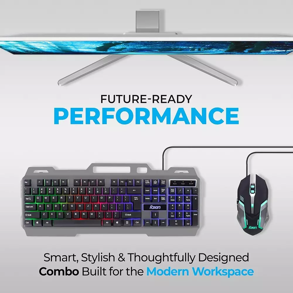 Foxin Thunder Gaming Keyboard and Mouse Combo Rainbow Backlit Membrane Keyboard 104 Keys With Phone Holder (Pack of 5)