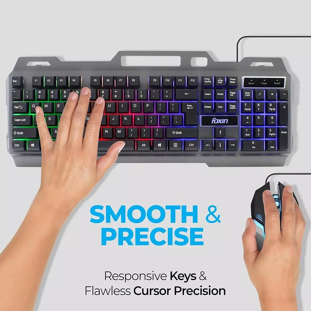 Foxin Thunder Gaming Keyboard and Mouse Combo Rainbow Backlit Membrane Keyboard 104 Keys With Phone Holder (Pack of 5)