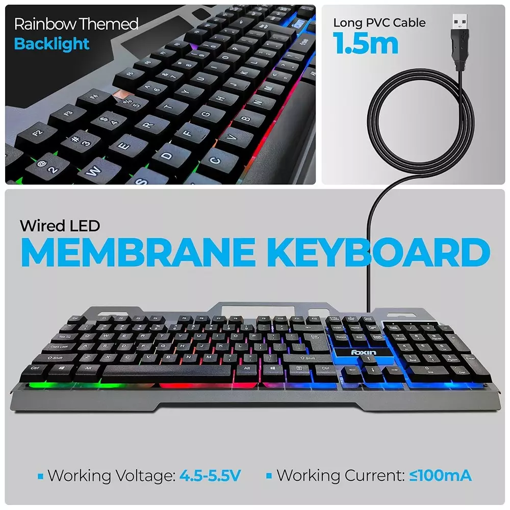 Foxin Thunder Gaming Keyboard and Mouse Combo Rainbow Backlit Membrane Keyboard 104 Keys With Phone Holder (Pack of 5)