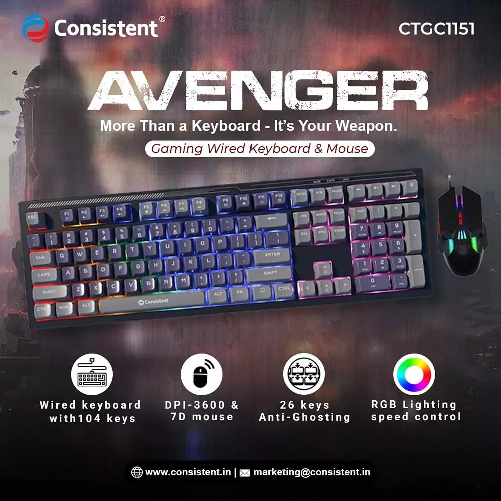 Consistent Avenger Gaming Keyboard & Mouse Combo 1.5 m Cable 3600 DPI 7 D Optical Mouse Black