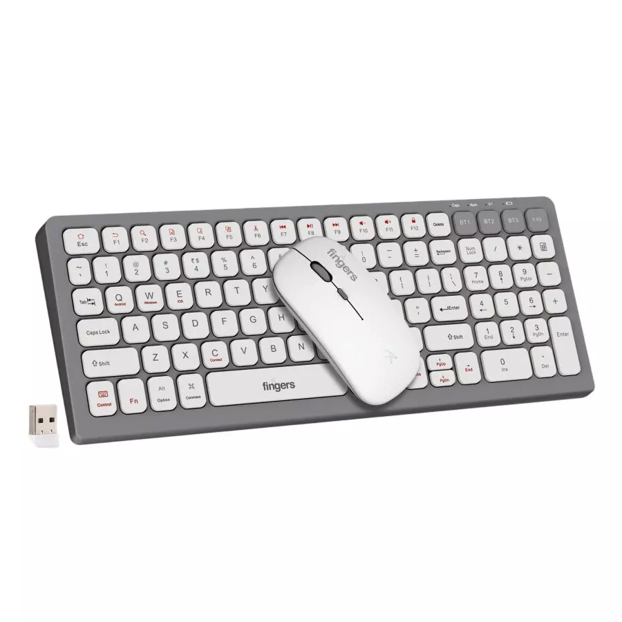 FINGERS Wireless Keyboard and Mouse Combo Kit Bluetooth and 2.4 GHz Wireless Technology 100 Keys and Up to 10 m Effective Range in Celestial White Color, ComboRegal-D4