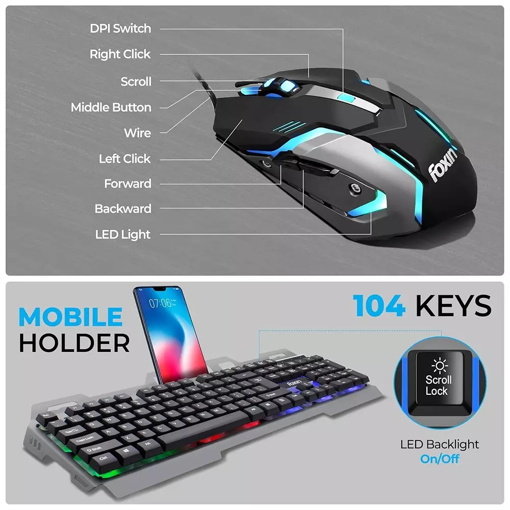 FOXIN Thunder Gaming Keyboard and Mouse Combo Rainbow Backlit Membrane Keyboard 104 Keys With Phone Holder